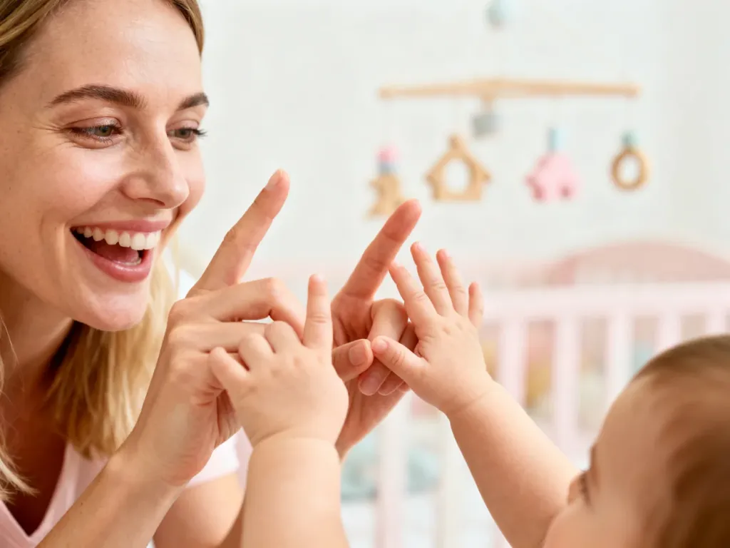Uśmiechnięta mama bawi się paluszkami swojego dziecka w przytulnym pokoju dziecięcym.