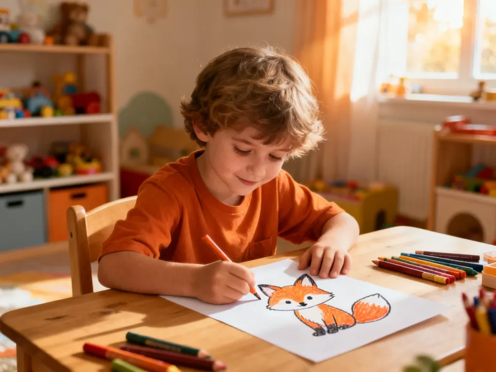 Dziecko z zaangażowaniem rysuje kredkami lisa na kartce papieru przy drewnianym biurku w przytulnym pokoju.