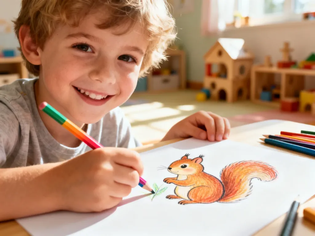 Dziecko z uśmiechem rysuje kolorową wiewiórkę na kartce papieru w przytulnym, słonecznym pokoju zabaw.