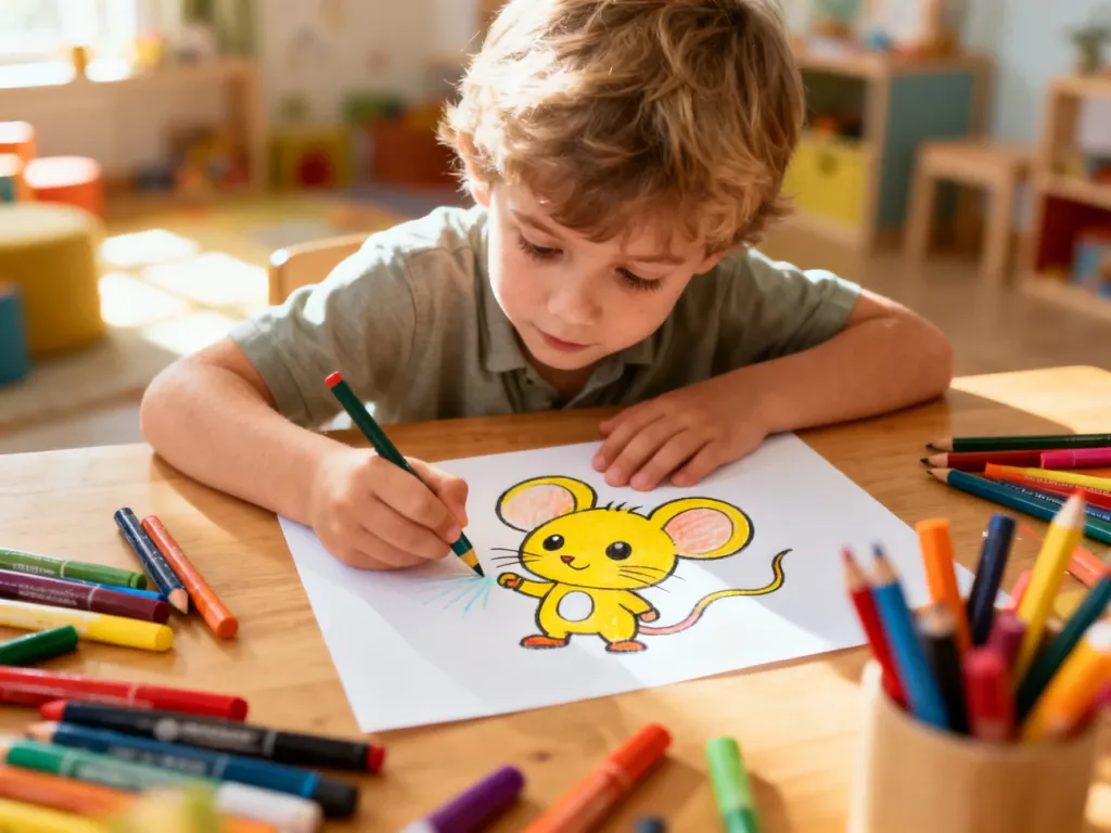 Dziecko z radością rysuje Pikachu na kartce papieru, mając przed sobą kolorowe kredki i pisaki na drewnianym biurku.